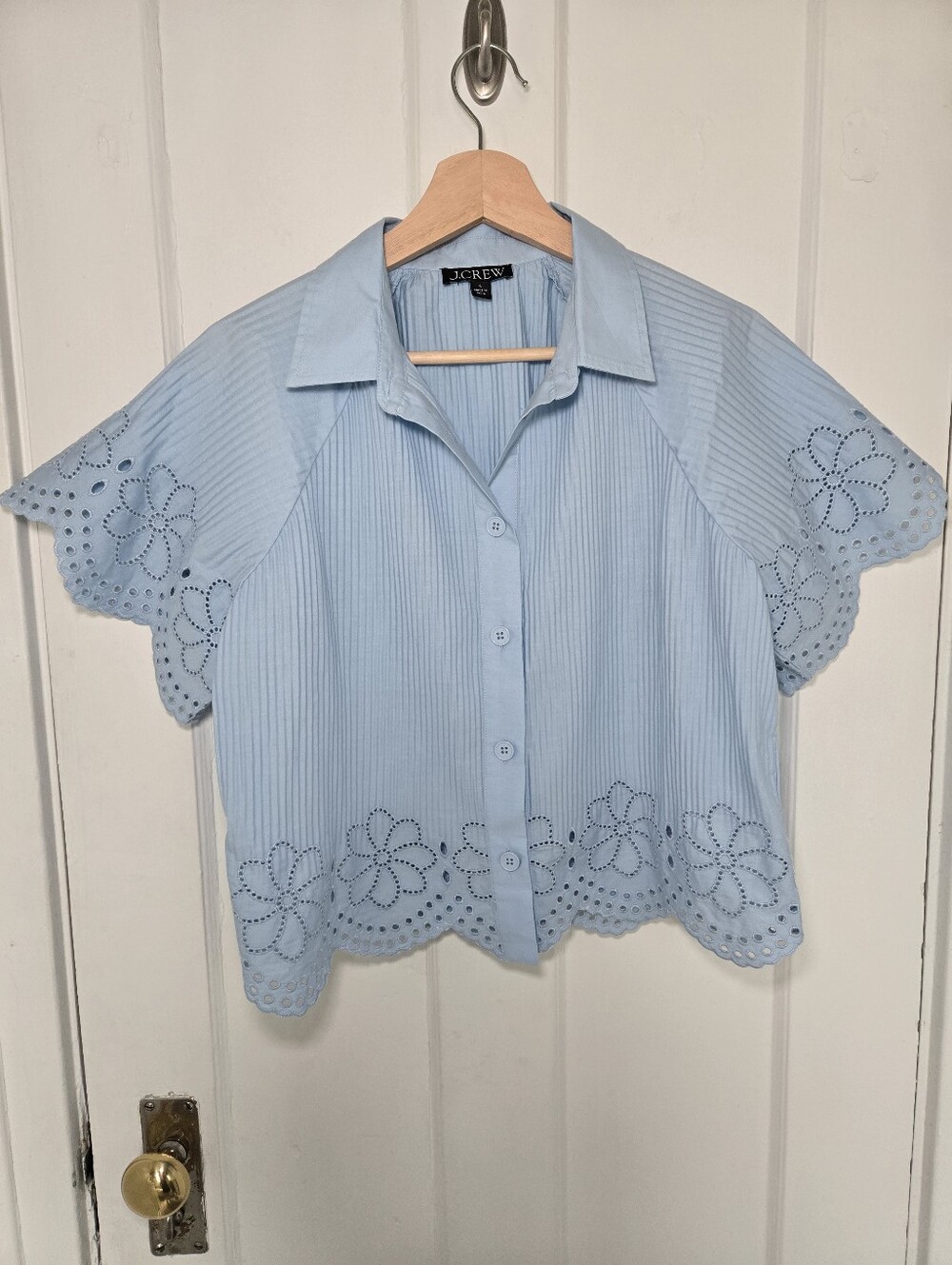 J. Crew Women's Pleated Eyelet-Trim Shirt Cotton Poplin Size S Preppy Oversized - Picture 2 of 9